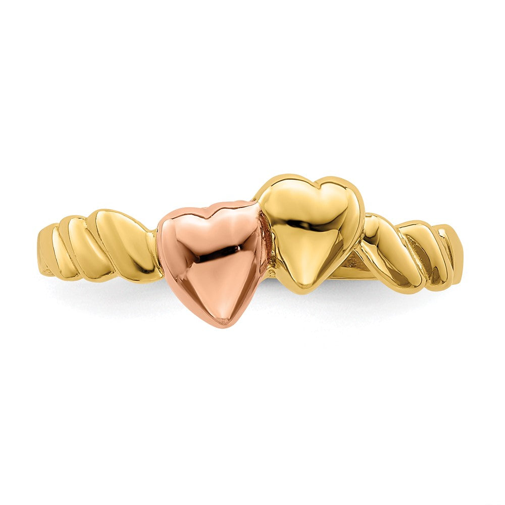 14K Bicolor-Ring mit geripptem Zwei-Herzen-Design