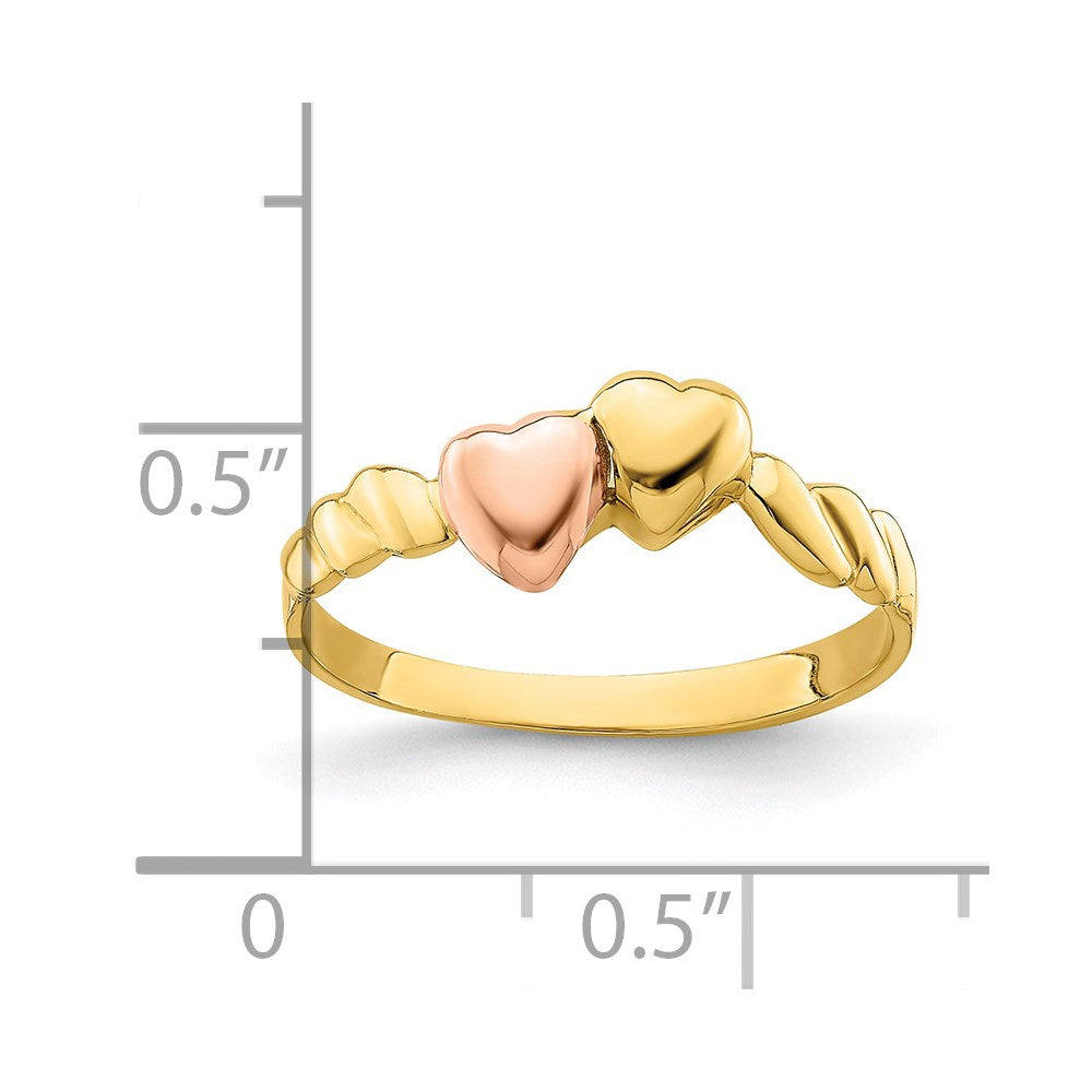 14K Bicolor-Ring mit geripptem Zwei-Herzen-Design