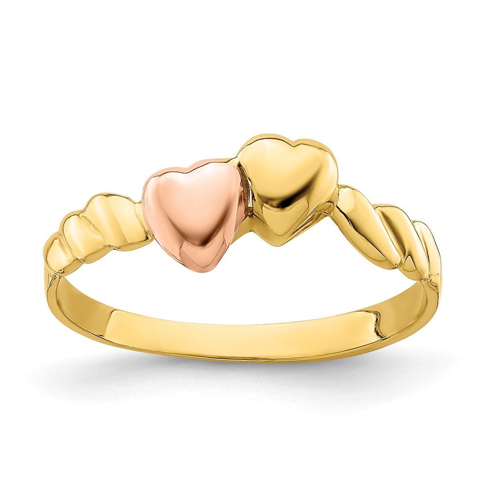 14K Bicolor-Ring mit geripptem Zwei-Herzen-Design
