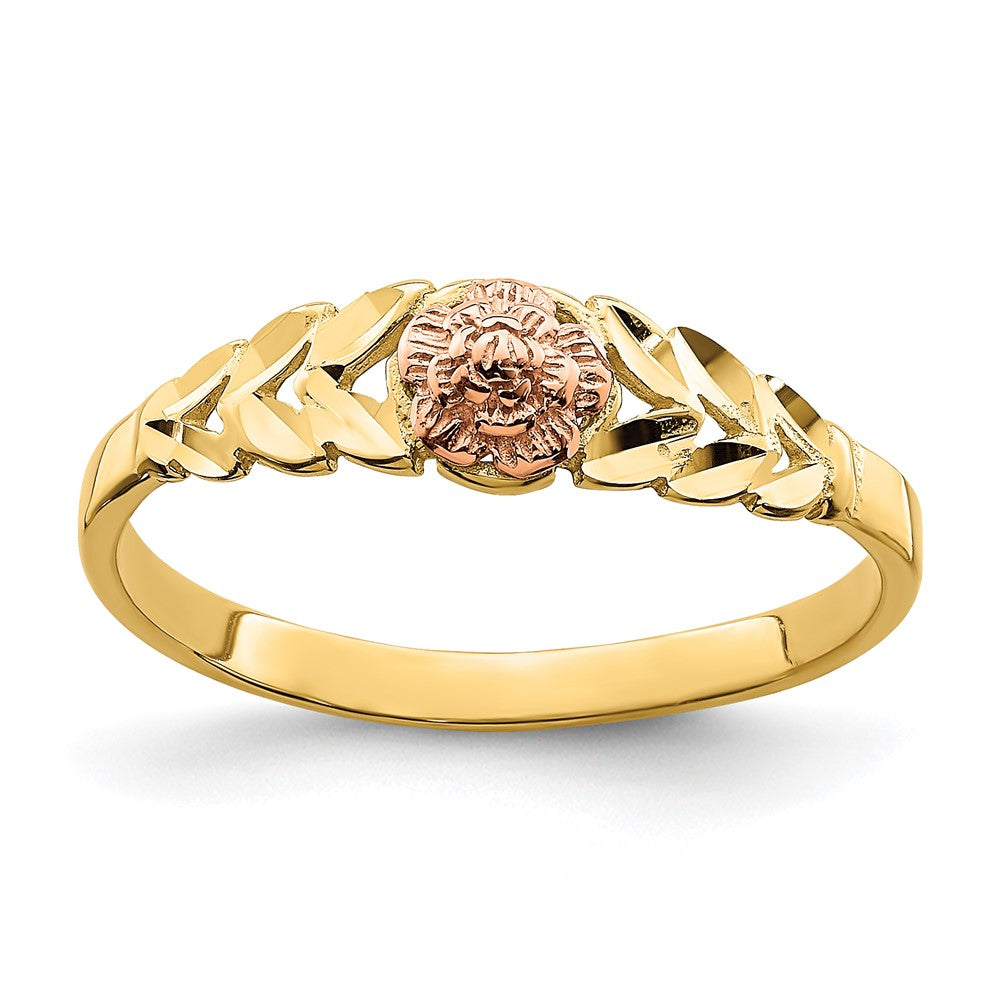 14K Bicolor Gold Ring mit diamantiertem Blätter- und Blumenmuster