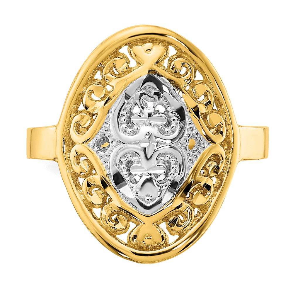 14K Gelbgold Ring mit Rhodium-Beschichtung, Ovalen Schild- und Herzmotiven