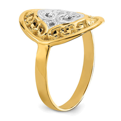 14K Gelbgold Ring mit Rhodium-Beschichtung, Ovalen Schild- und Herzmotiven