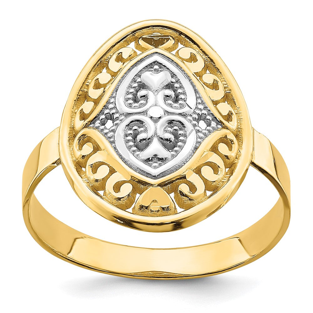 14K Gelbgold Ring mit Rhodium-Beschichtung, Ovalen Schild- und Herzmotiven