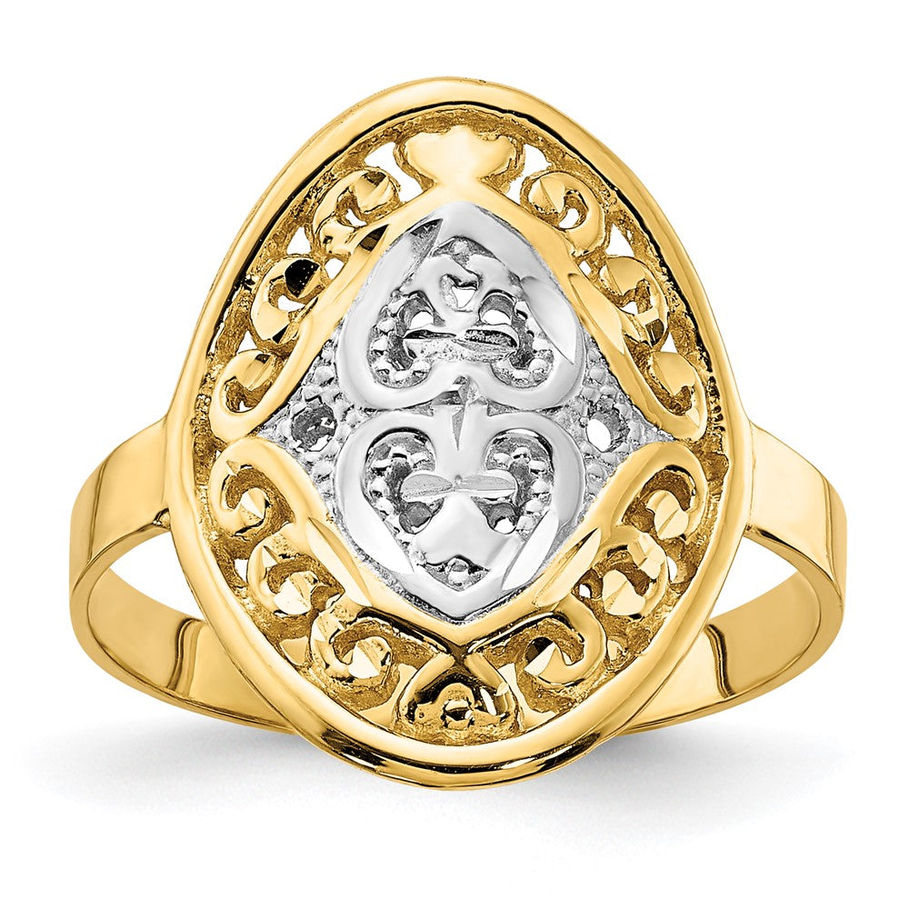 14K Gelbgold Ring mit Rhodium-Beschichtung, Ovalen Schild- und Herzmotiven