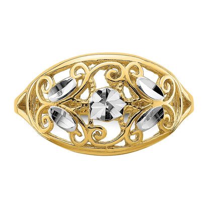 14K Gelbgold-Ring mit Rhodinierung, diamantiert, oval, filigran