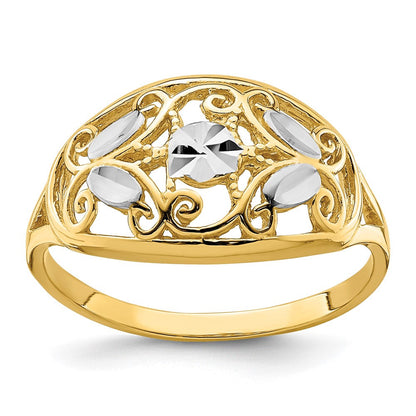 14K Gelbgold-Ring mit Rhodinierung, diamantiert, oval, filigran