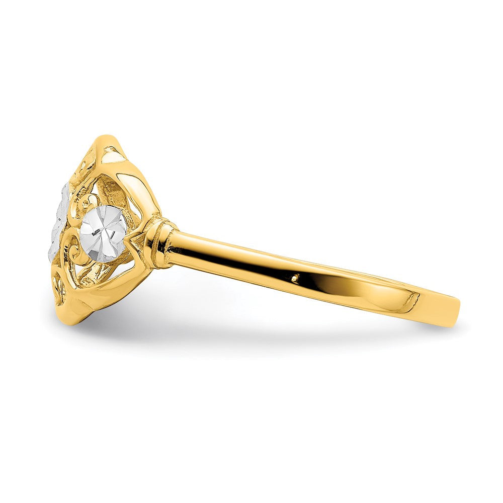 14K Gelbgold Ring mit Rhodium-Beschichtung, diamantierten Kreisen und gewelltem Rand