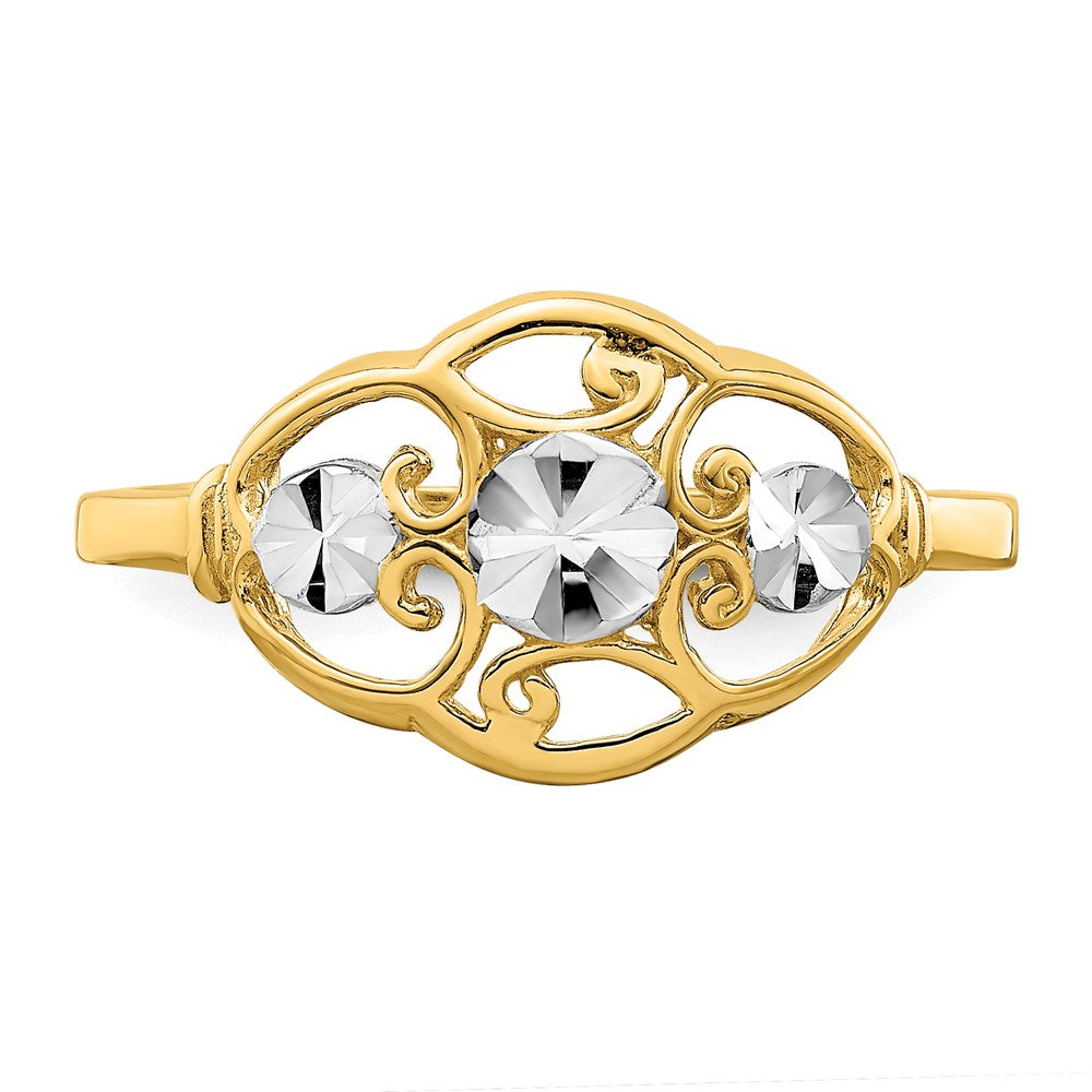 14K Gelbgold Ring mit Rhodium-Beschichtung, diamantierten Kreisen und gewelltem Rand