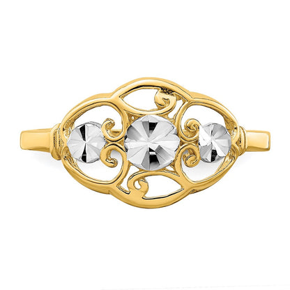14K Gelbgold Ring mit Rhodium-Beschichtung, diamantierten Kreisen und gewelltem Rand