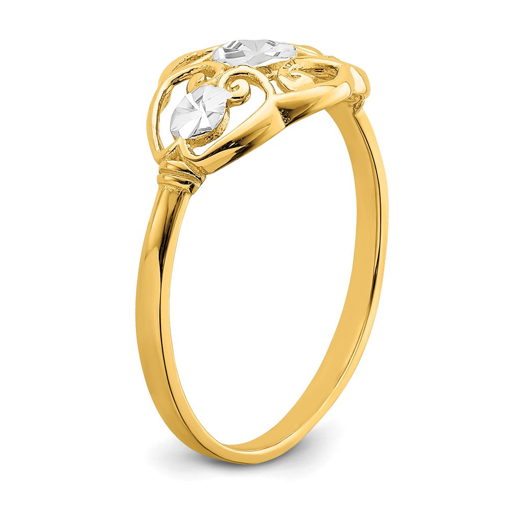 14K Gelbgold Ring mit Rhodium-Beschichtung, diamantierten Kreisen und gewelltem Rand