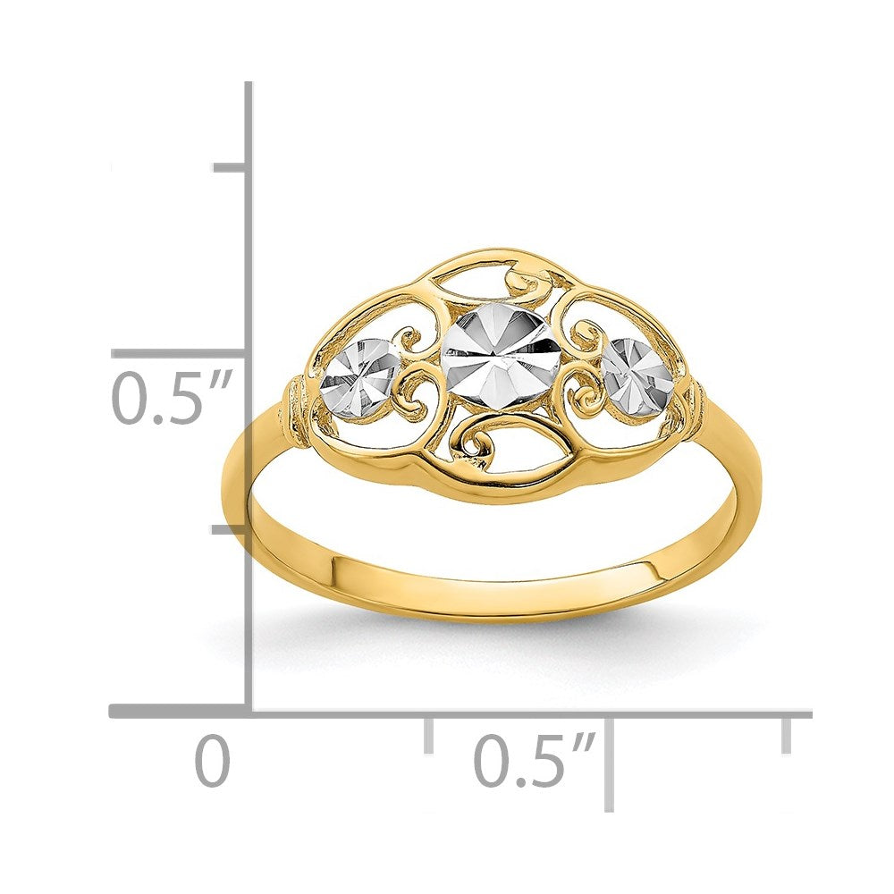 14K Gelbgold Ring mit Rhodium-Beschichtung, diamantierten Kreisen und gewelltem Rand