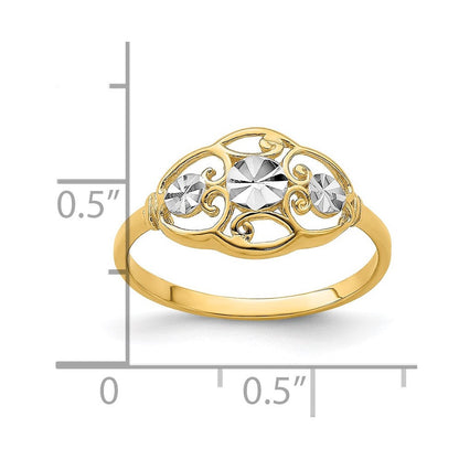 14K Gelbgold Ring mit Rhodium-Beschichtung, diamantierten Kreisen und gewelltem Rand