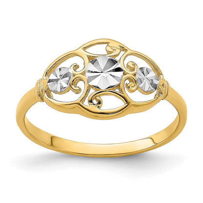 14K Gelbgold Ring mit Rhodium-Beschichtung, diamantierten Kreisen und gewelltem Rand