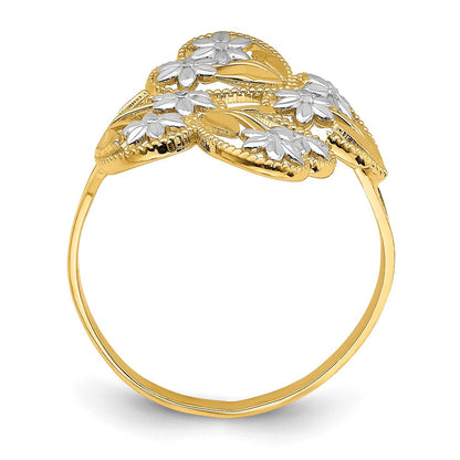 14K Gelbgold mit Rhodium D/C Blumen- und Herzen-Bypass-Ring
