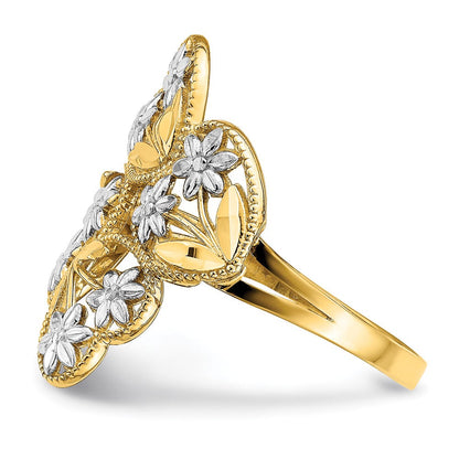 14K Gelbgold mit Rhodium D/C Blumen- und Herzen-Bypass-Ring