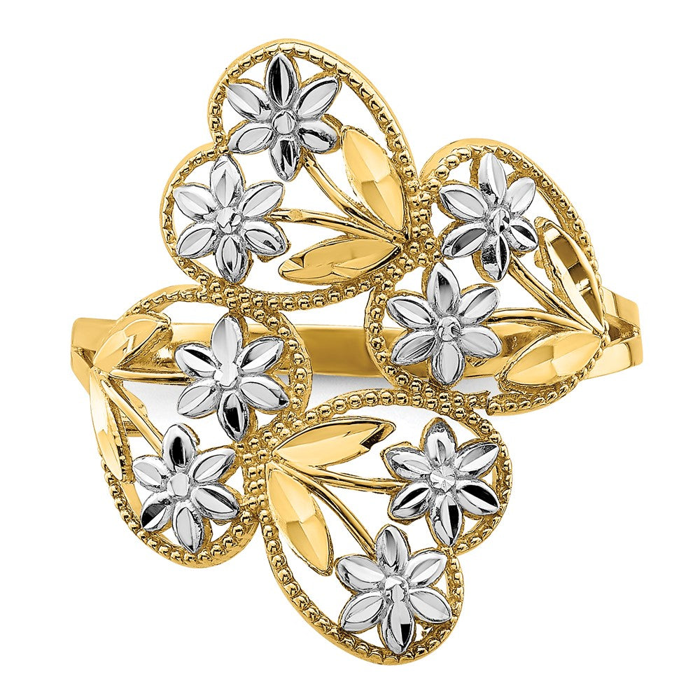 14K Gelbgold mit Rhodium D/C Blumen- und Herzen-Bypass-Ring