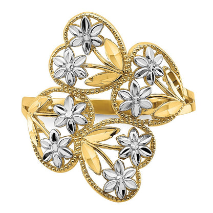 14K Gelbgold mit Rhodium D/C Blumen- und Herzen-Bypass-Ring