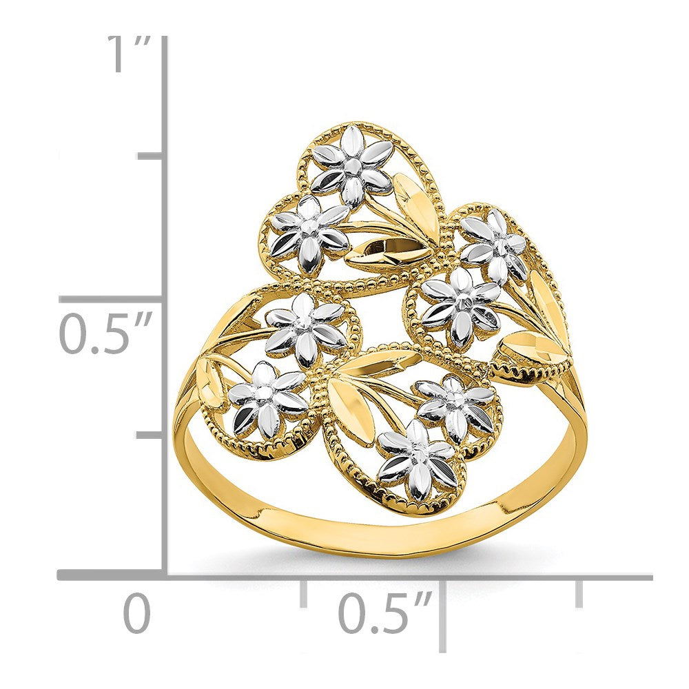 14K Gelbgold mit Rhodium D/C Blumen- und Herzen-Bypass-Ring