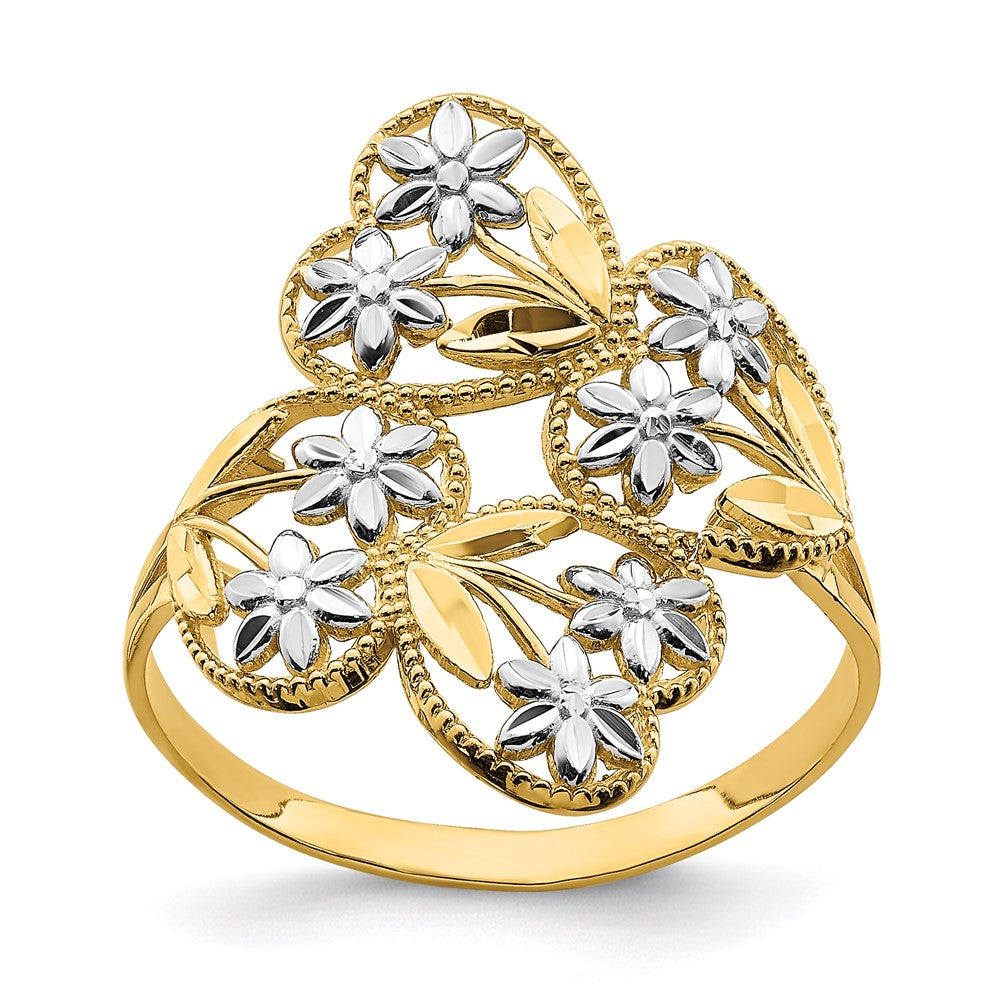 14K Gelbgold mit Rhodium D/C Blumen- und Herzen-Bypass-Ring