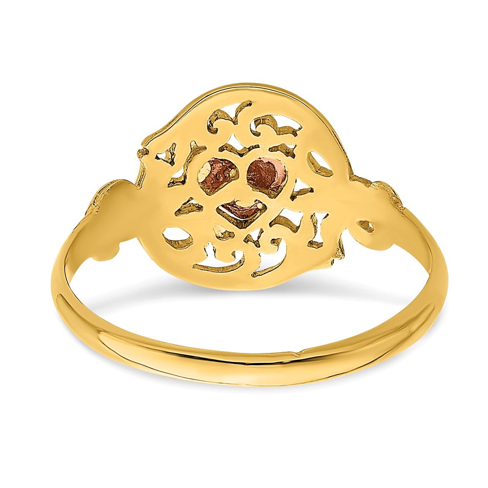 14K Bicolor-Gold Ring mit Filigranmuster um Herz, poliert