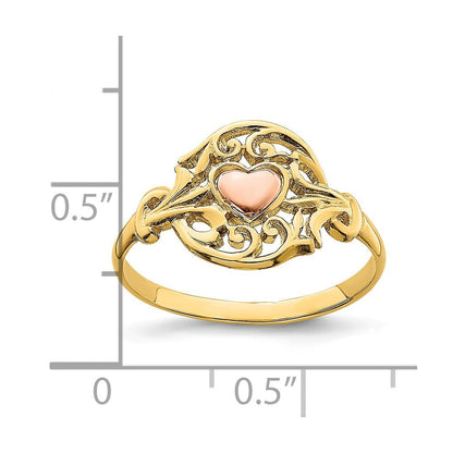 14K Bicolor-Gold Ring mit Filigranmuster um Herz, poliert