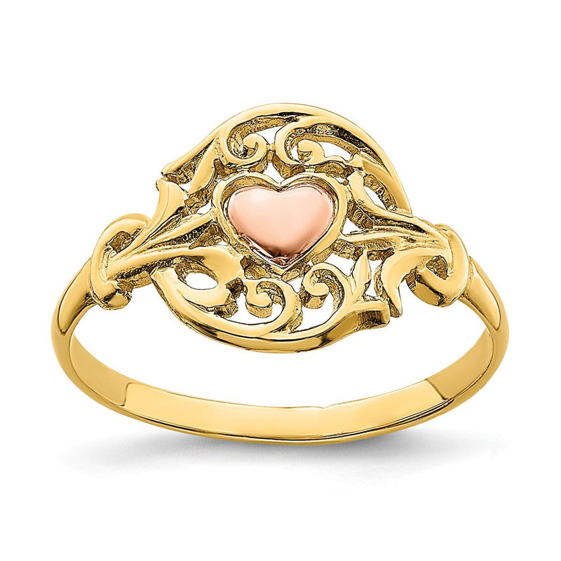 14K Bicolor-Gold Ring mit Filigranmuster um Herz, poliert