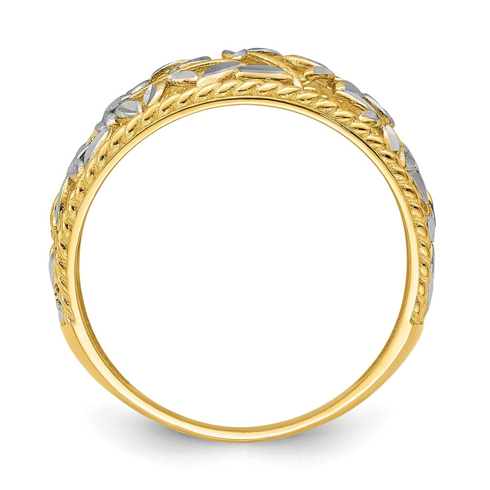 14K Gelbgold mit Rhodium diamantgeschliffener filigraner Blattring