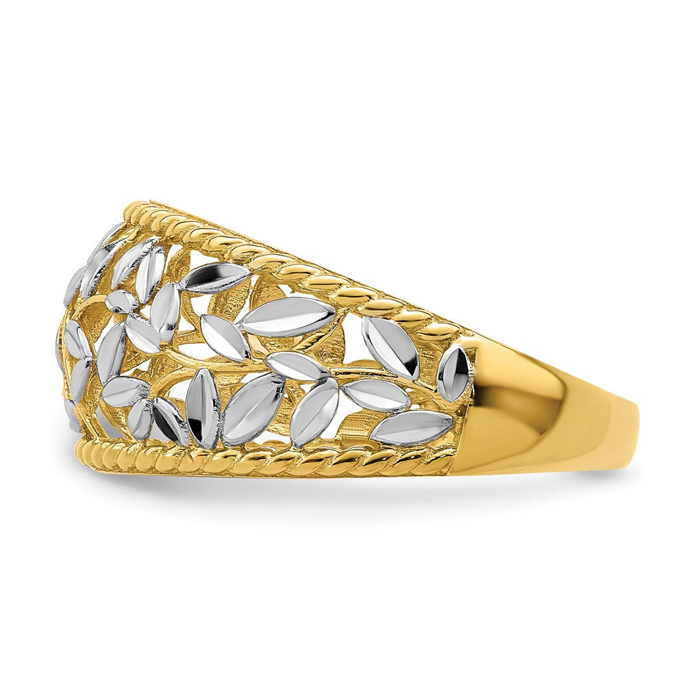 14K Gelbgold mit Rhodium diamantgeschliffener filigraner Blattring