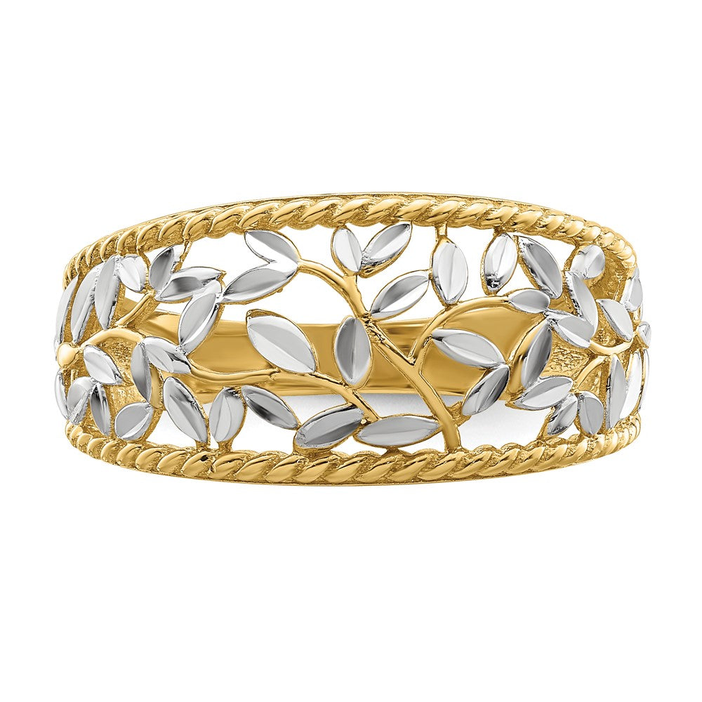 14K Gelbgold mit Rhodium diamantgeschliffener filigraner Blattring