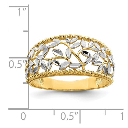 14K Gelbgold mit Rhodium diamantgeschliffener filigraner Blattring