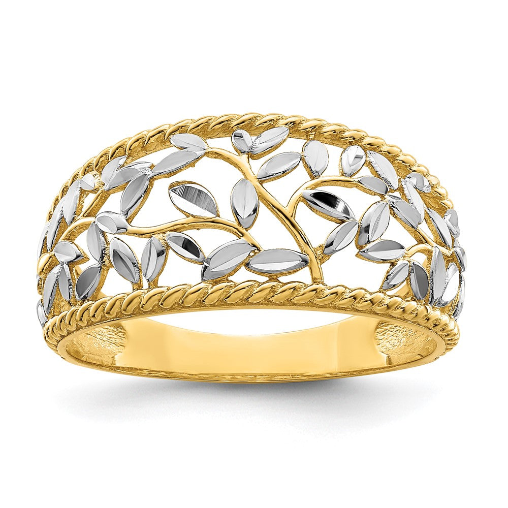 14K Gelbgold mit Rhodium diamantgeschliffener filigraner Blattring