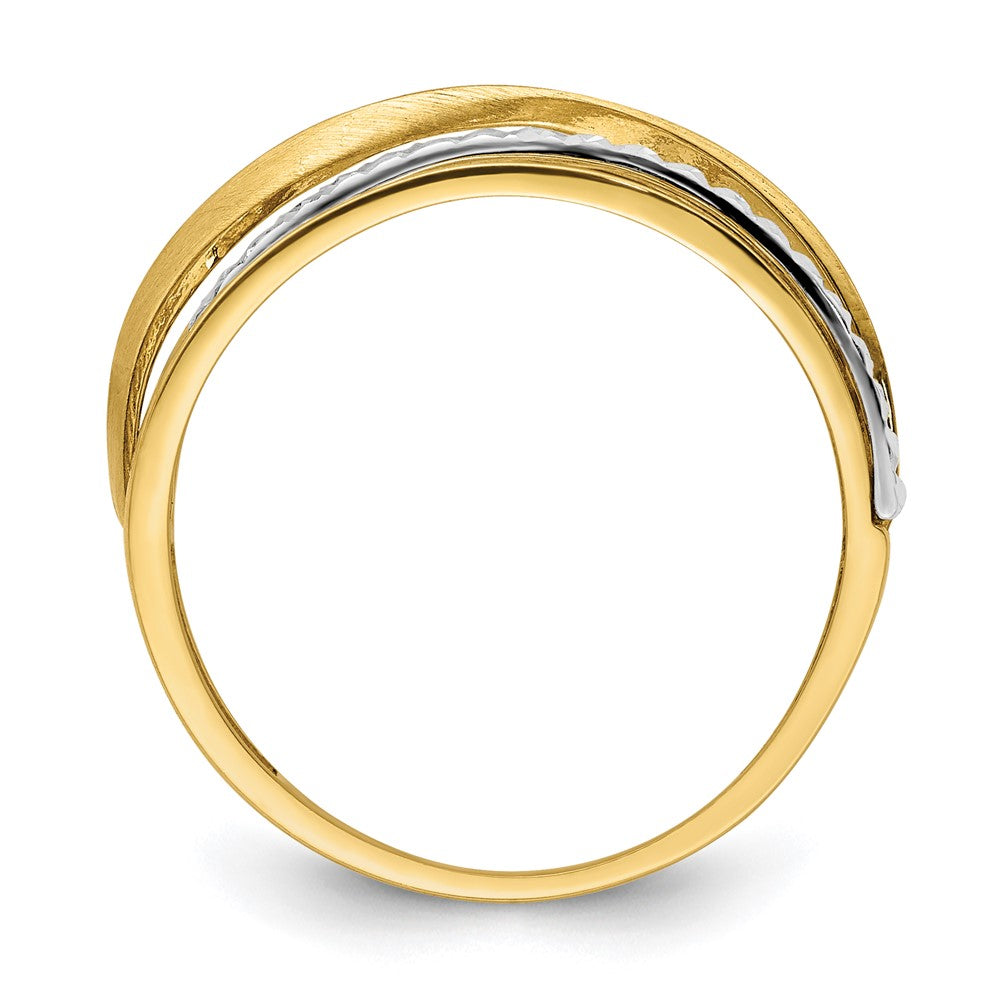 14K Bicolor Gold Ring mit Diamantschliff und satinierter Griechischer-Mäander-Optik