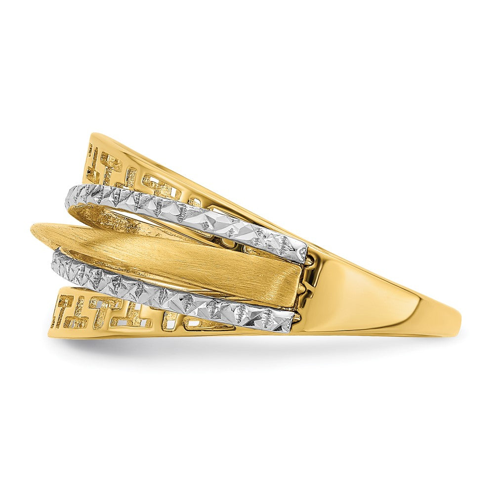 14K Bicolor Gold Ring mit Diamantschliff und satinierter Griechischer-Mäander-Optik