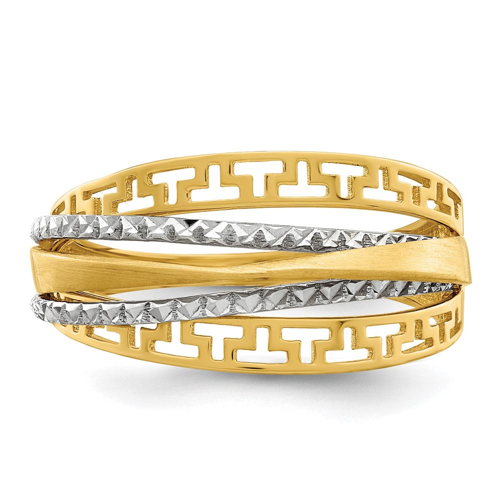 14K Bicolor Gold Ring mit Diamantschliff und satinierter Griechischer-Mäander-Optik