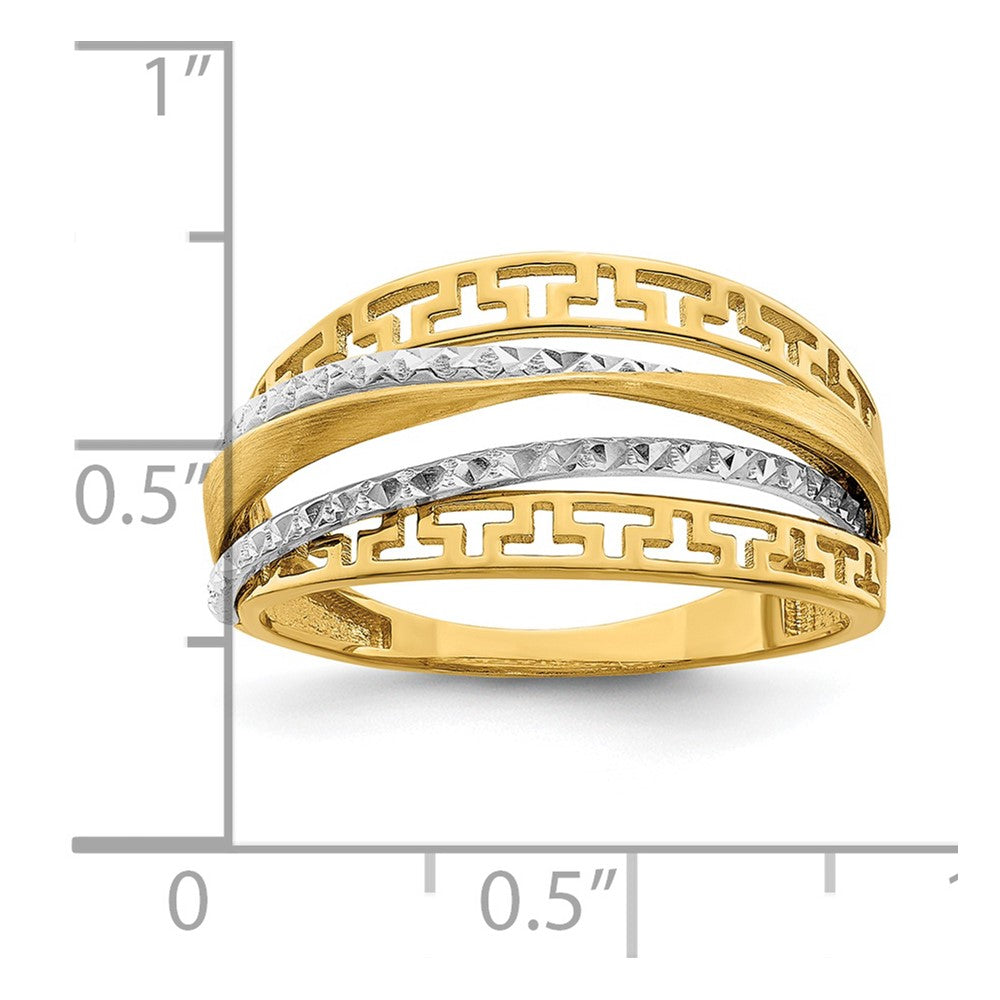 14K Bicolor Gold Ring mit Diamantschliff und satinierter Griechischer-Mäander-Optik