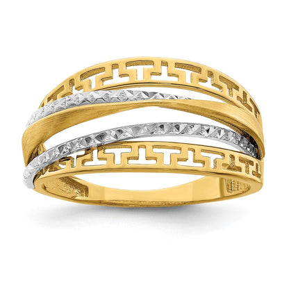 14K Bicolor Gold Ring mit Diamantschliff und satinierter Griechischer-Mäander-Optik