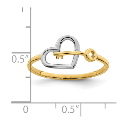 14K Gelbgold Ring mit Rhodium-Beschichtung, Herz und Schlüssel