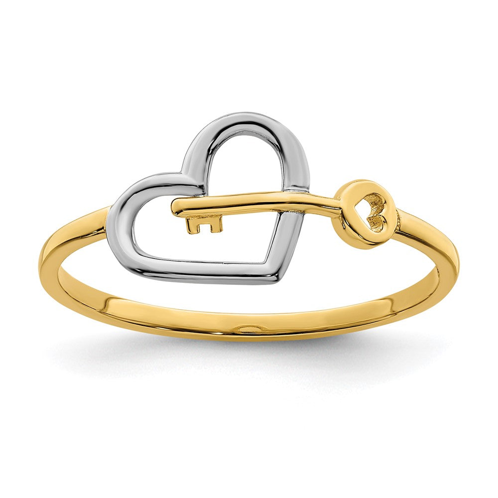 14K Gelbgold Ring mit Rhodium-Beschichtung, Herz und Schlüssel