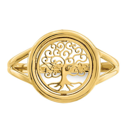 14K Gelbgold Ring mit poliertem Lebensbaum im Kreis