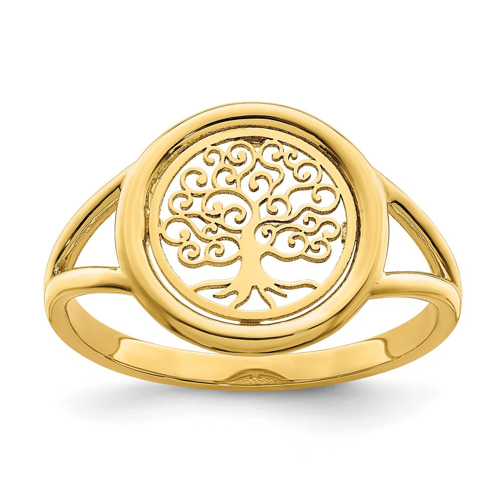 14K Gelbgold Ring mit poliertem Lebensbaum im Kreis
