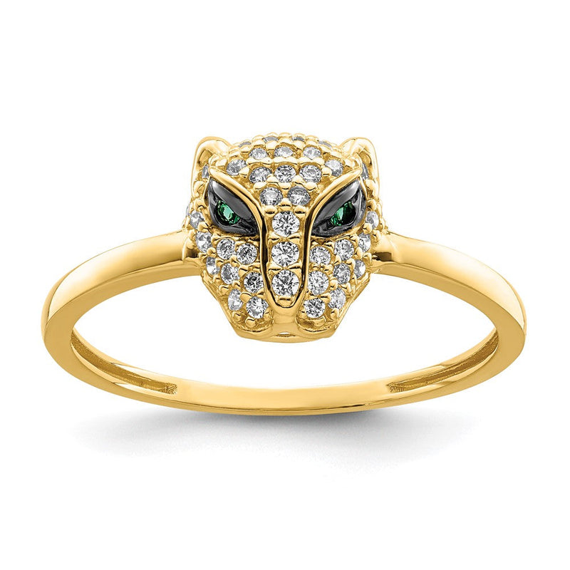 14K Gelbgold Poliert Grün & Weiß Zirkonia Lioness Kopf Ring (size 7 Nur)