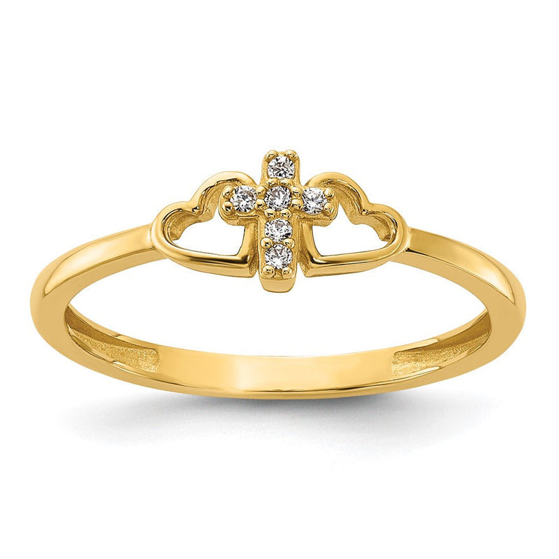 14K Gelbgold Poliert Zirkonia Kreuz und Herzen Ring