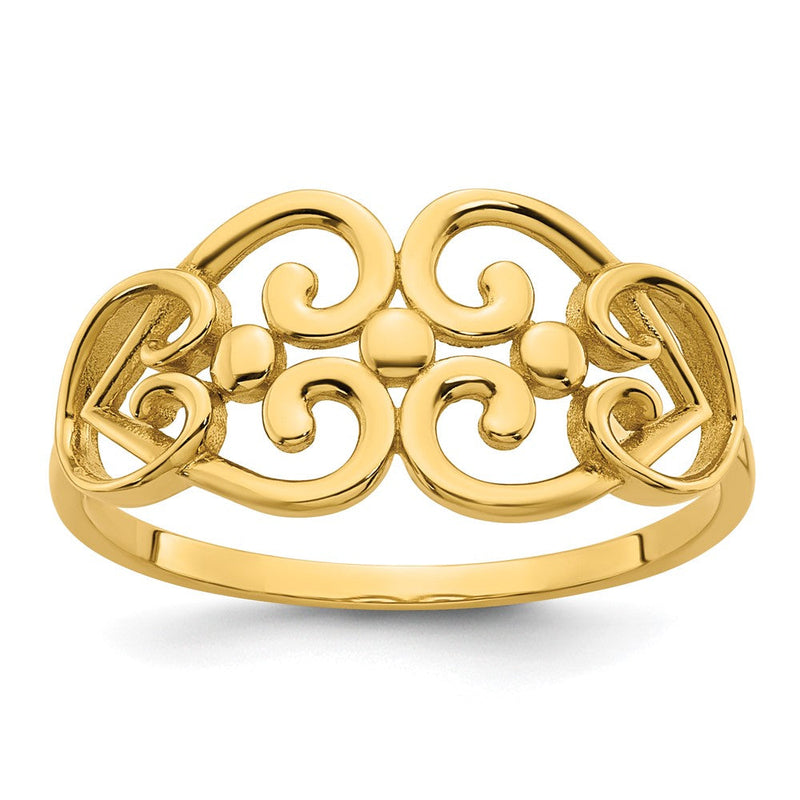 14K Gelbgold Poliert Ausgeschnitten Fantasie Herzen Design Ring
