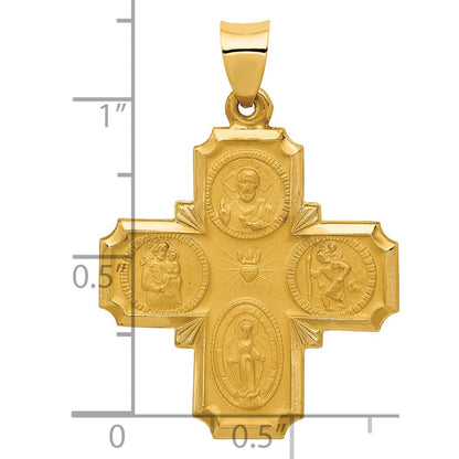 14K Gelbgold Vier-way Religious Medaille Hohl Anhänger