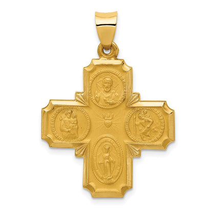 14K Gelbgold Vier-way Religious Medaille Hohl Anhänger