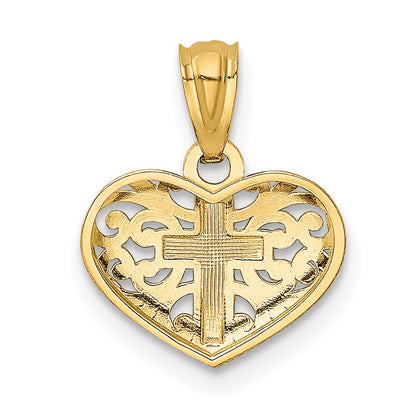 14K Gelb & Rhodium mit Rhodium Kreuz in Herz Anhänger