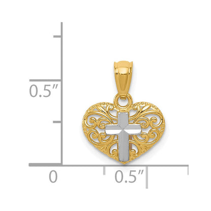 14K Gelb & Rhodium mit Rhodium Kreuz in Herz Anhänger