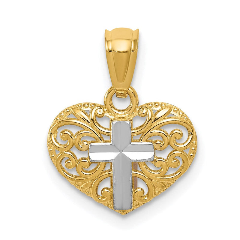 14K Gelb & Rhodium mit Rhodium Kreuz in Herz Anhänger