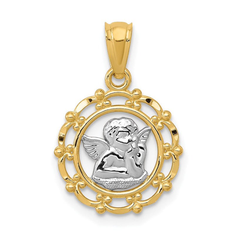 14K Gelb & Rhodium mit Rhodium Framed Cherub Anhänger