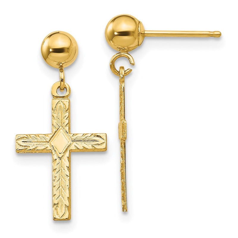 14K Gelbgold Poliert & Strukturiert Kreuz Ohrringe